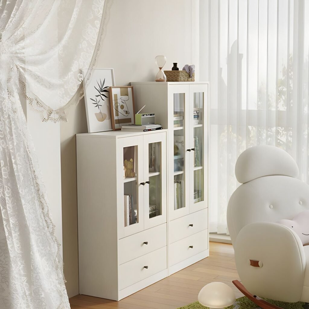 1200x12001 354 Compact 3-Tier Creamy Dust-Proof Glass Display White Accent Cabinet with Glass Doors & 2-Drawer Base, 40-Inch Height