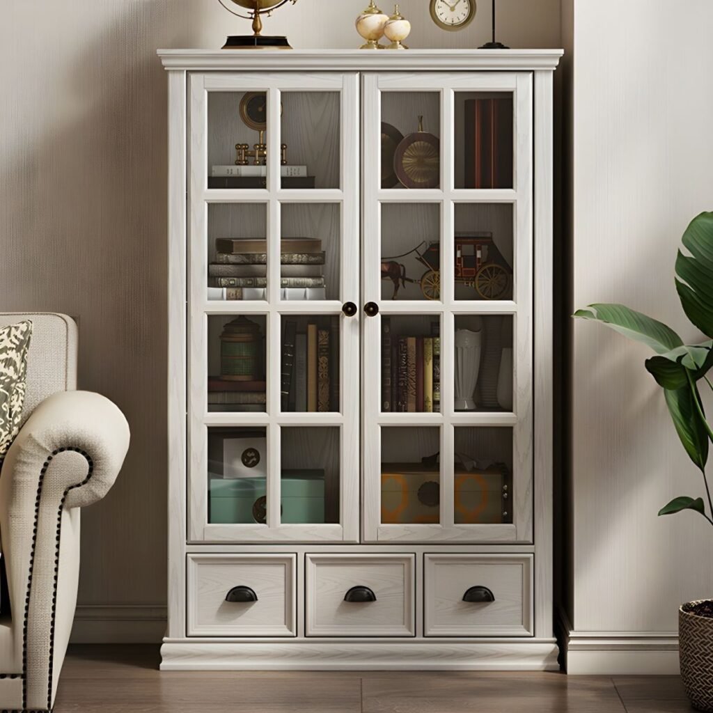 1200x12001 356 Glass-Door Storage Hutch – Stunning 60-Inch White Bookcase with 2-Drawer Base, Reliable Dust-Proof Display for Modern Living