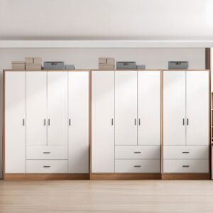 Beige Modish Laminate Independent Wardrobe with Soft Close Drawer, Soft Close Door, and Interior Shelves