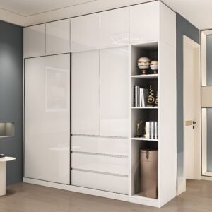 White Modish Wood Wardrobe Cabinet with 3 Soft Close Drawer, 2 Soft Close Door, Interior Shelves, and Clothing Rod Armoire