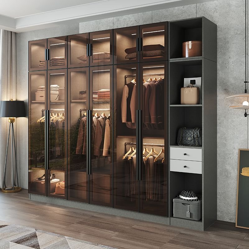 A stunning 96-inch Luxury Wardrobe in dark grey featuring 3C Tempered Glass Closet doors and warm interior LED lighting for a boutique display.