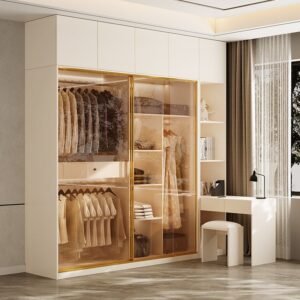 Natural Finish Art Deco Timber Wardrobe with 2 Soft Close Glass Door, Interior Shelves, and Clothing Rod Armoire