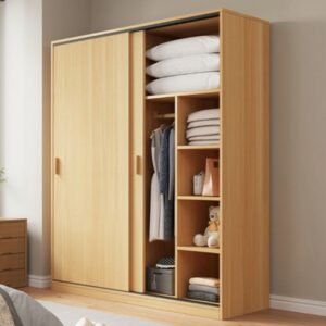Natural Finish Modish Pine Wood Wardrobe Closet with 2 Soft Close Doors, Interior Shelves, and Clothing Rod Armoire