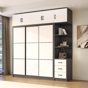 Minimalist Manufactured Wood Independent Wardrobe Closet with Soft Close Door, Interior Shelves, and Clothing Rod