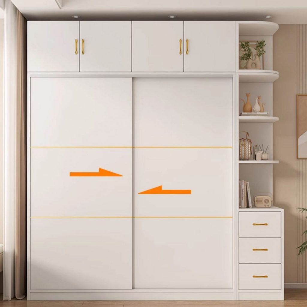 High-end Sliding Door Armoire in pure white with a 220cm tall profile, featuring top hinged doors and an integrated side shelving unit for a Multi-Tiered Modular Clothing Organizer.