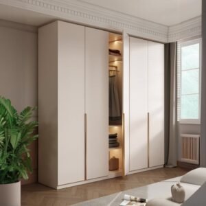 Free Standing Minimalist Cream Wood Wardrobe with Interior Shelves, Soft Close Drawer and Clothing Rod
