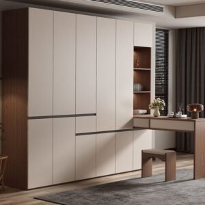 Sand Minimalist Laminate Cabinet Armoire with Soft Close Drawer, Soft Close Door, Interior Shelves, and Clothing Rod