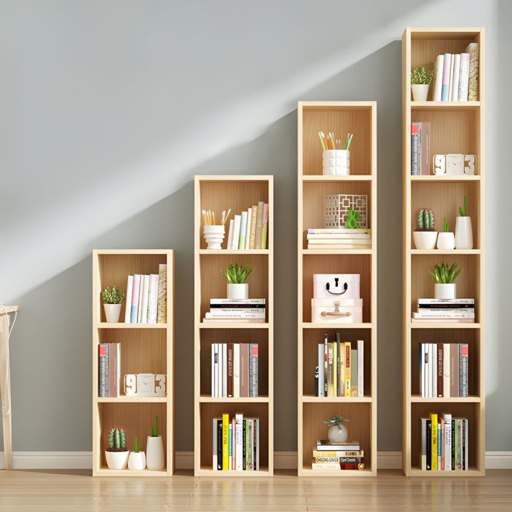 Apexerahomelife JX-BC-059 organizing shelf configured as a modern natural wood staircase storage unit with books and plants next to a study desk