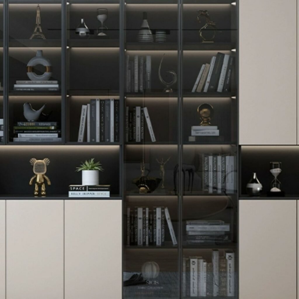 1200x120010 270 Executive Charcoal Vitrine – Grand 79-Inch Dark Grey Bookcase with Integrated LED Lighting and Reliable Storage Cabinets