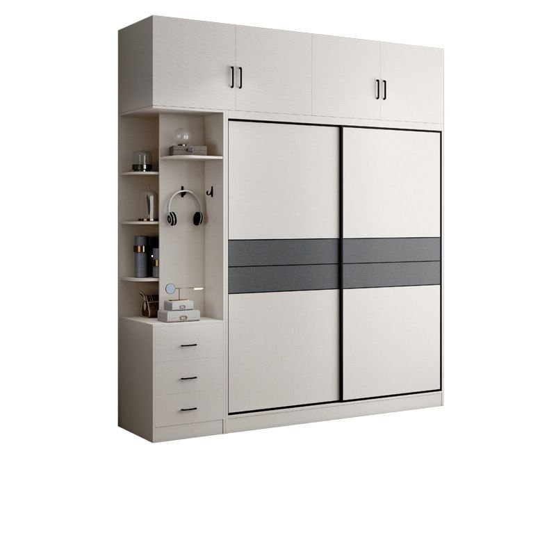 Grand Illuminated All-White Sliding Wardrobe at 260cm height, featuring white sliding doors, internal LED lighting, and an Integrated Side-Drawer Organization Hub.