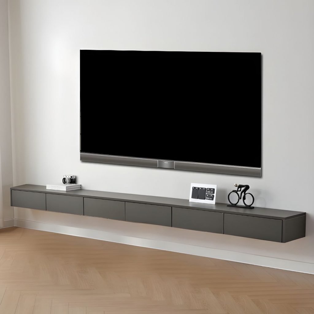 Apexerahomelife Extra Long Grey Floating TV Unit 300cm, showing a minimalist grey 5-drawer wall-mounted console on E0 eco-wood.