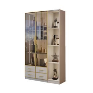 Resplendent Gilded Vitrine – Glorious 79-Inch White Display Cabinet with Gold-Framed 3C Glass and Elegant Drawers
