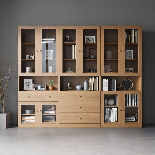 A 79-inch (200cm) Authentic Timber Oak Vitrine in a rich wood-grain finish, featuring upper 3C-HD inset glass doors, two center drawers, and two bottom solid wood-grain doors.
