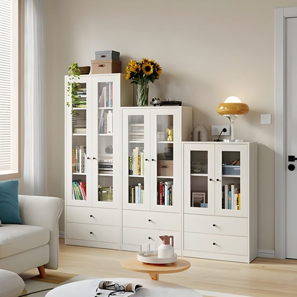 Three white drawer glass-door bookcases of different heights are arranged in a stepped pattern. Inside, there are books, radios and art pieces, presenting a warm and simple style.