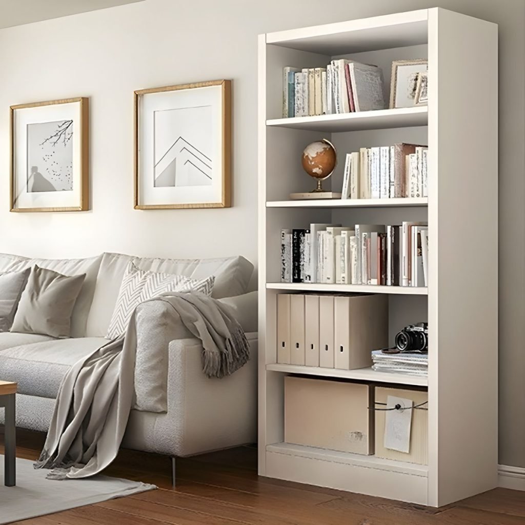 A tall, Modern White Bookcase featuring a 5-tier Open Shelves design. The Minimalist Wooden Bookshelf stands 71 inches high in a crisp white finish, showcasing a clean and airy structure. Styled with books and minimalist decor, this White Storage Cabinet and Wooden Display Shelf represent an easy-to-install board construction for contemporary homes.