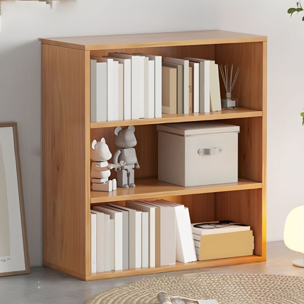 A Modern Wooden Bookcase featuring a 3-tier Open Shelf Design in a warm walnut wood finish. Measuring 31.5 inches (80cm) high and 23.5 inches (60cm) wide, this Minimalist Storage unit is shown without doors, styled with white books and decorative designer figures. The Wooden Display Shelf is placed in a bright, contemporary setting, highlighting its compact and No-Door Bookshelf structure.