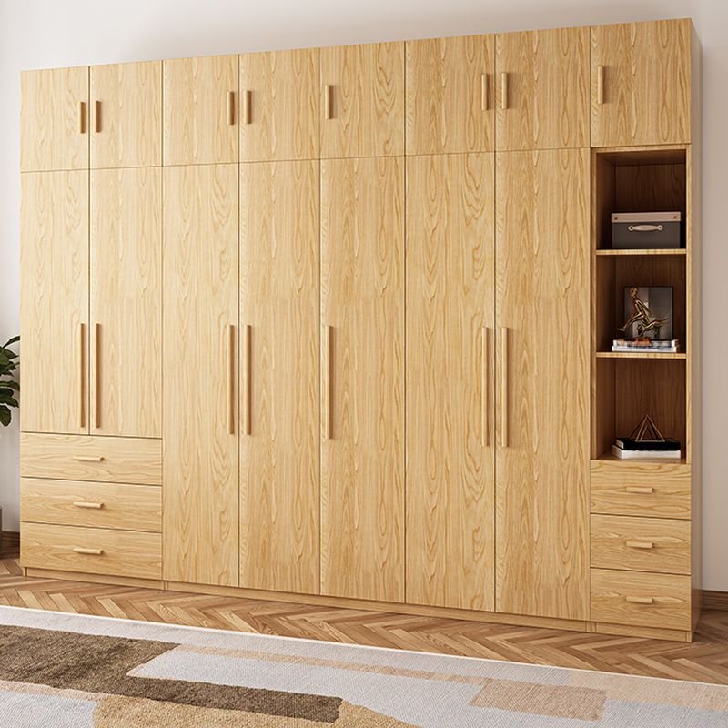 Modern Natural Wood Wardrobe Armoire with Sliding Doors, Drawers, and Shelves