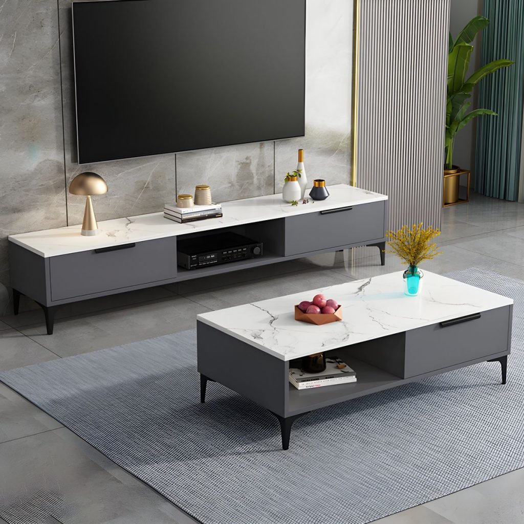 Apexerahomelife Grey White Small TV Console in 47.5-inch length, featuring a two-tone grey and white finish with 2 side drawers, a central open storage shelf, and premium E0-grade eco-friendly wood texture.