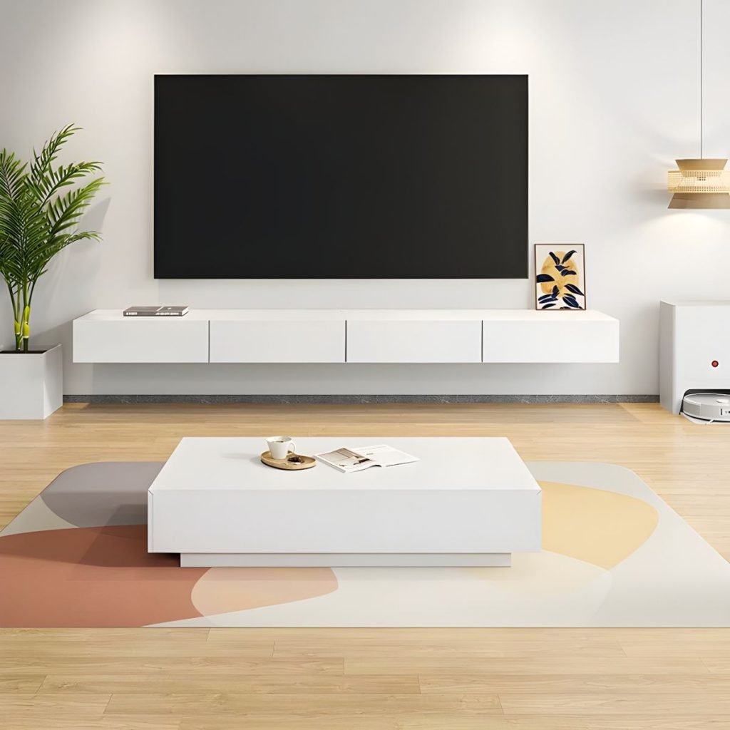 Apexerahomelife Refined White Floating TV Stand in 71-inch length, showcasing a pure white wall-mounted design with 3 hidden handle drawers and premium E0-grade sustainable wood texture.