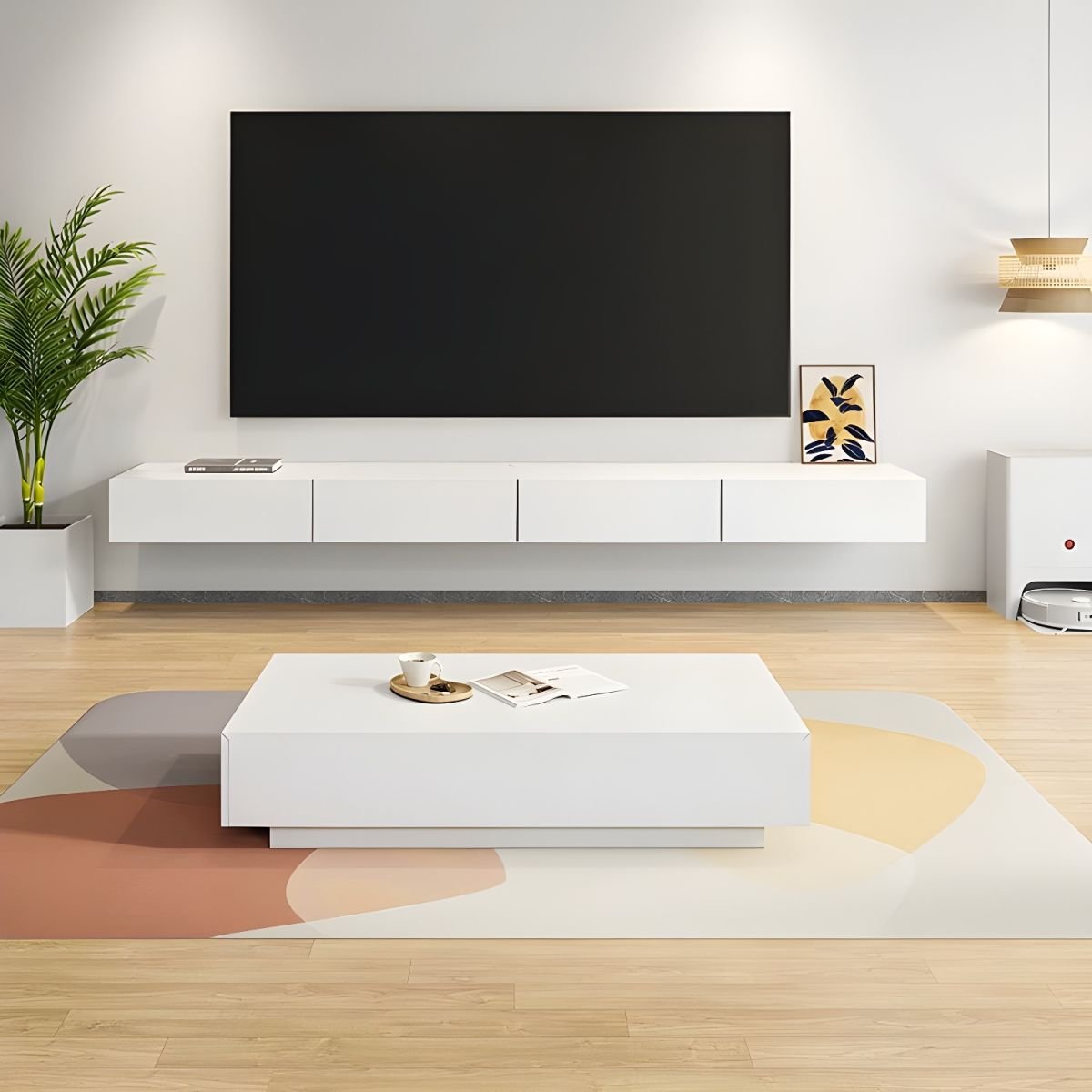 Beige Wood Veneer TV Stand with Shelf, 2 /3 /4 Drawers, Cabinet, Cable Management, and Door