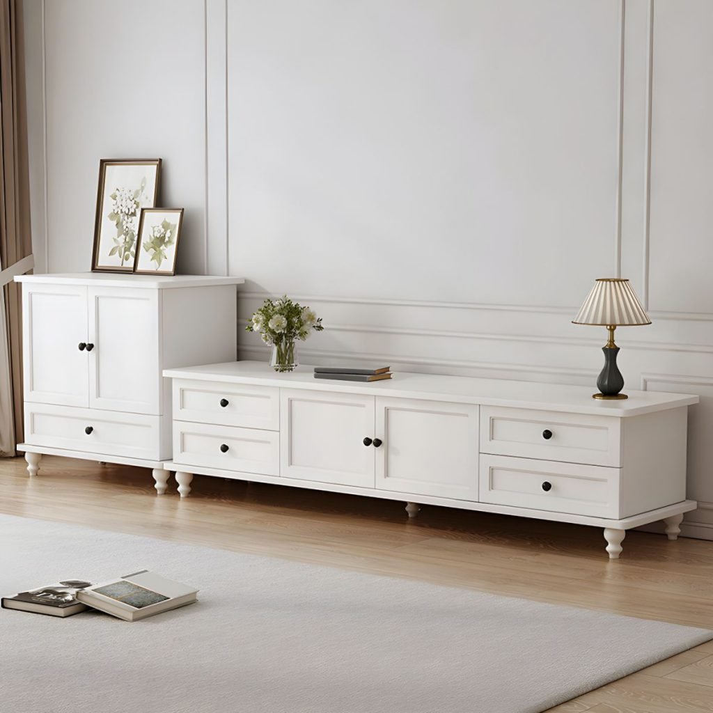 Apexerahomelife Elegant European White TV Stand in 55-inch length, showcasing a French-style carved door design with 4 drawers, vintage handles, and premium E0-grade eco-friendly wood structure.