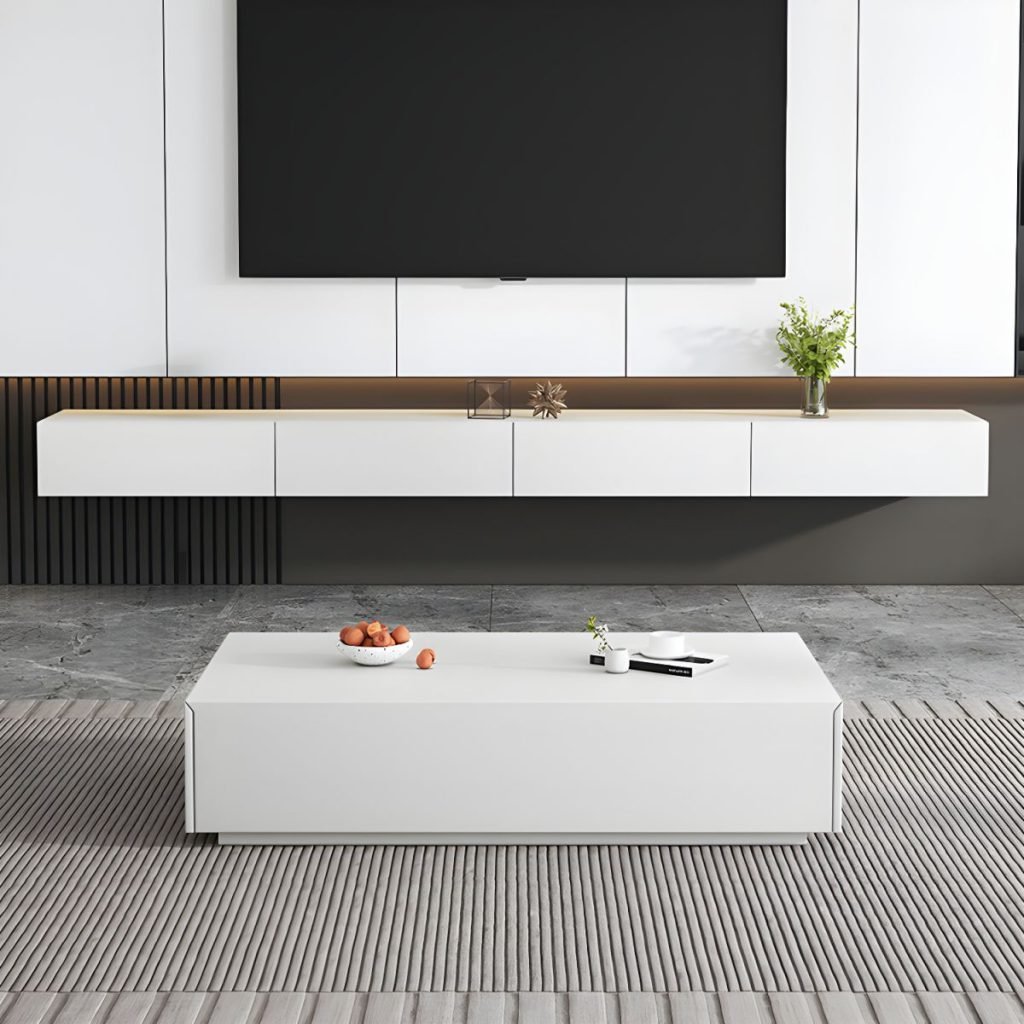 Apexerahomelife Modern White Floating TV Stand in 71-inch length, pure white wall-mounted design with 3 hidden handle drawers featuring soft-close buffer rails and E0-grade sustainable wood.