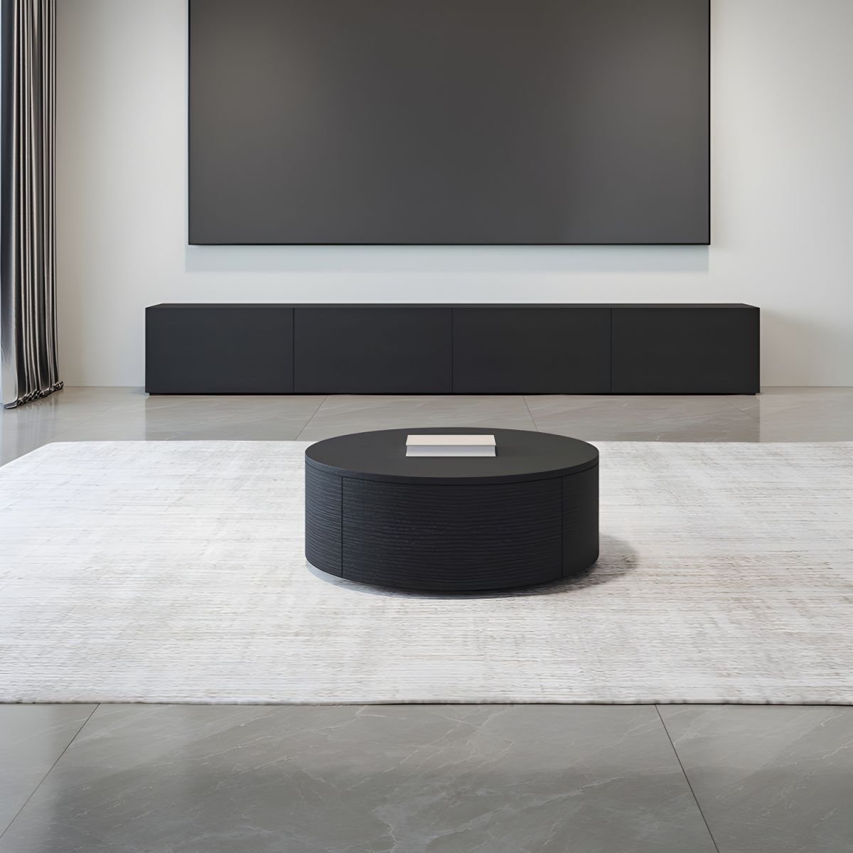 Sleek Matte Black Modern Wood TV Stand with Shelf and Multiple Cabinets Including Door 时尚哑光黑色现代木质电视柜,