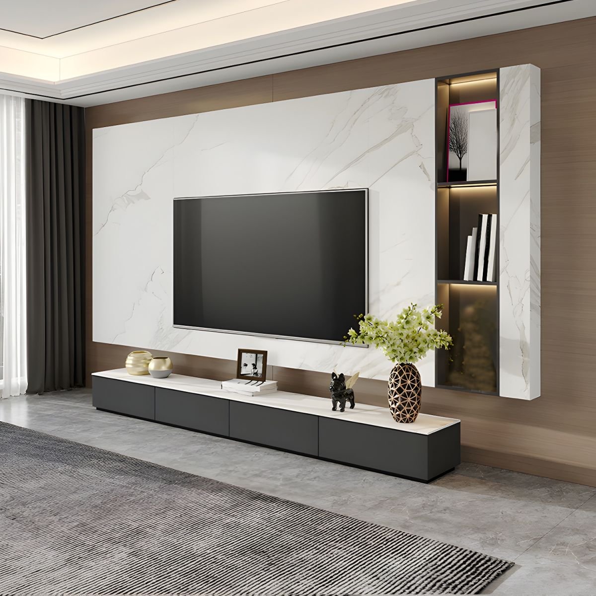 Modern Design Rectangular Chalk Stone TV Stand with Cable Management for Drawing Room