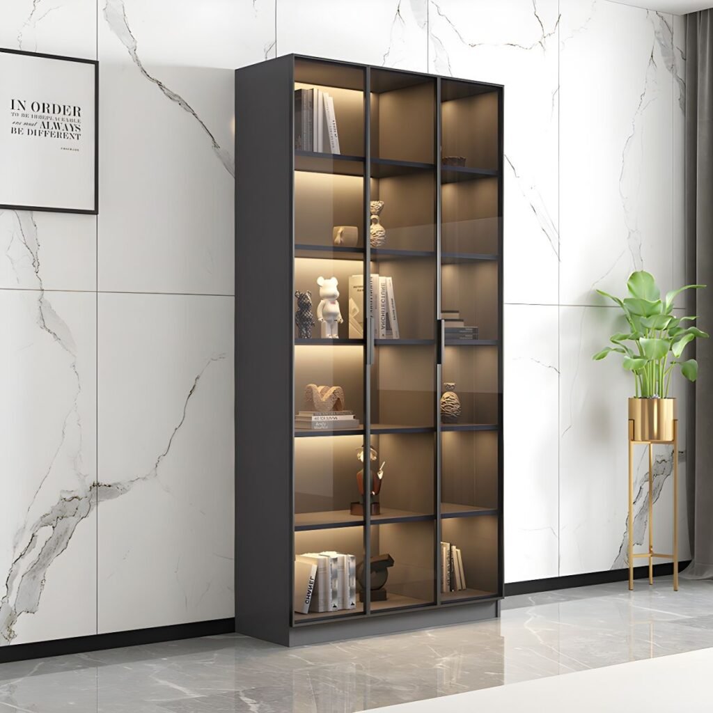 1200x12002 308 Modern Wooden Bookcase With Glass 2/6 Doors Library 2/3Drawers Storage Living Room Cabinet Book Shelvese With Lights Bookshelf