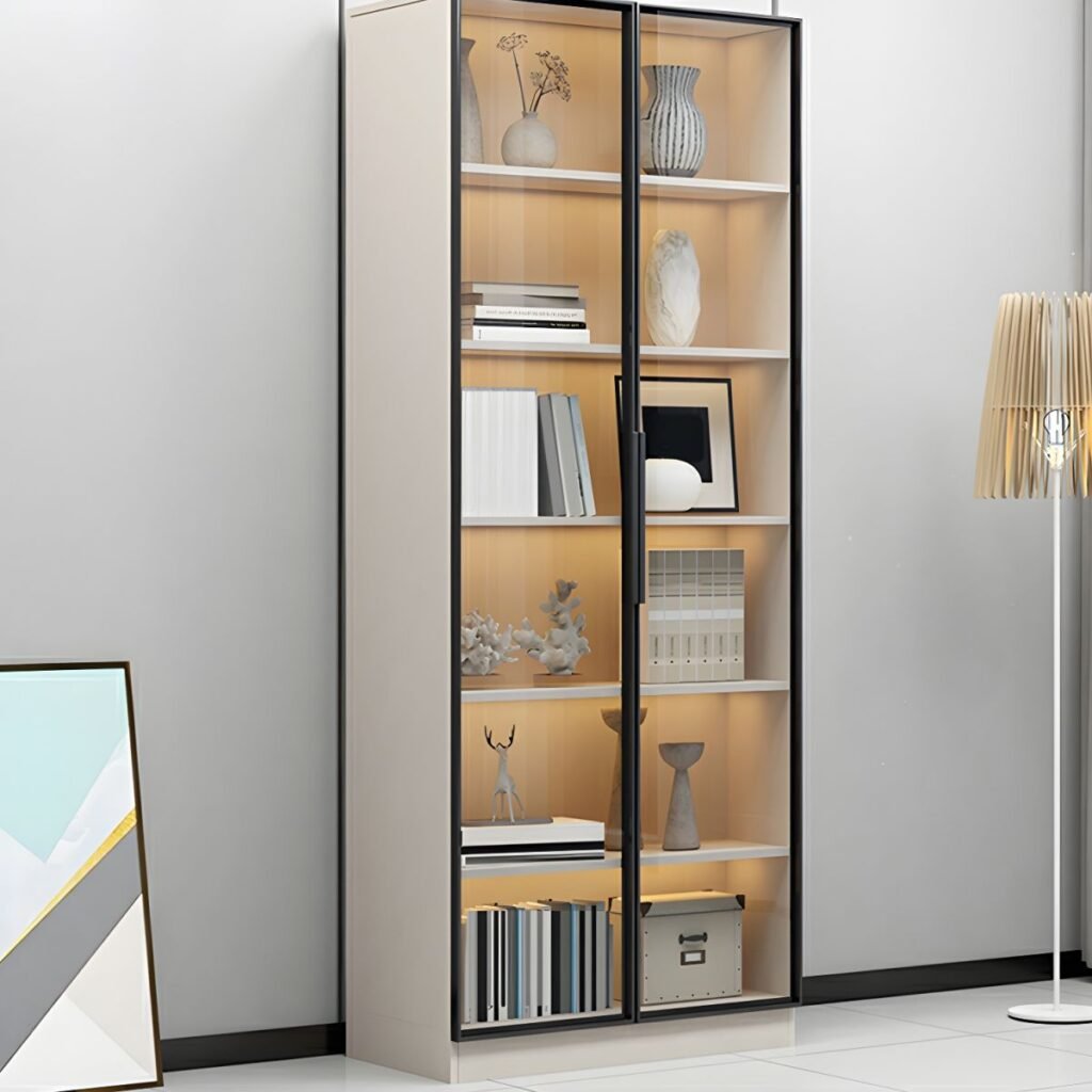 1200x12002 309 Wooden Bookcase Modern With Glass 2/6 Doors Living Room Library 2 Drawers Storage Cabinet Book Shelvese With Lights Bookshelf