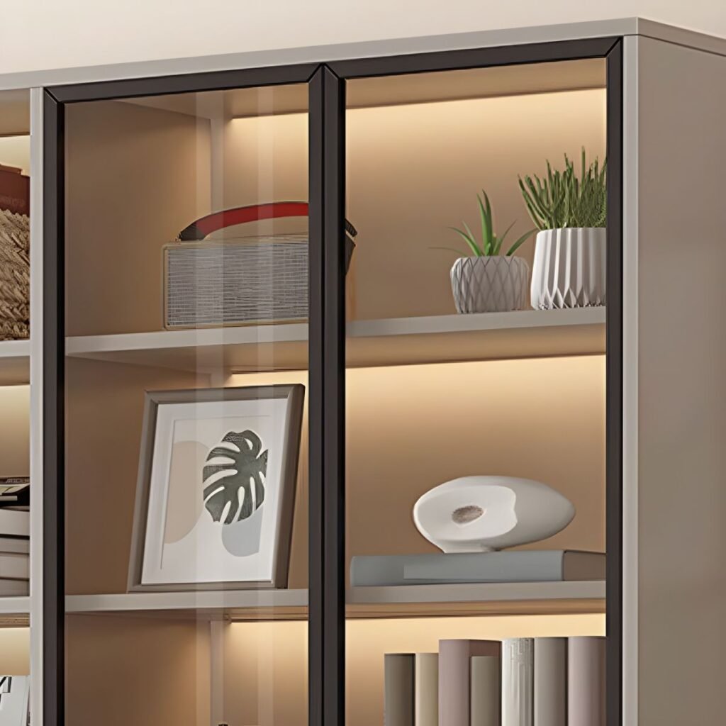 1200x12002 310 Wooden Modern Bookcase With Glass 2/6 Doors 2/3Drawers Storage Living Room Library Cabinet Book Shelvese With Lights Bookshelf