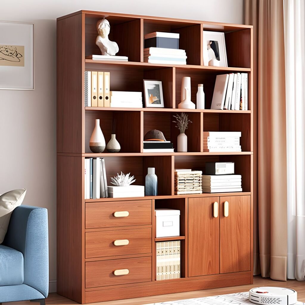 1200x12002 331 Open Unit With Hidden Storage Bookcase - Modern Wood Grain Library Tower Bookshelf