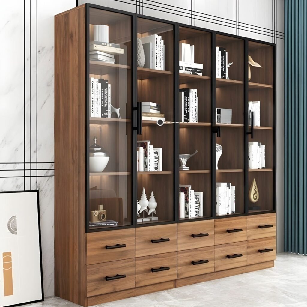 1200x12002 334 Sustainable Engineered Wood Bookcase with Integrated Glass Display Case and Bottom Drawer Storage - Modern Minimalist Style