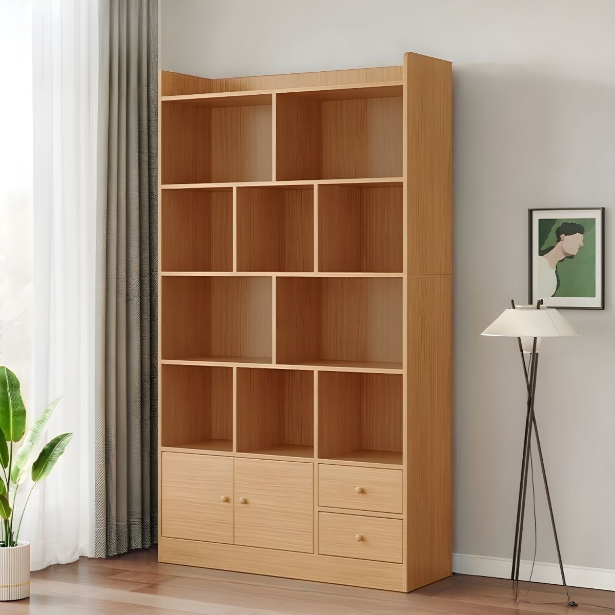 Modern Wooden Bookcase with Lower Cabinet Doors and Drawers - 5-Tier Large Storage Shelf for Home Office - Image 4