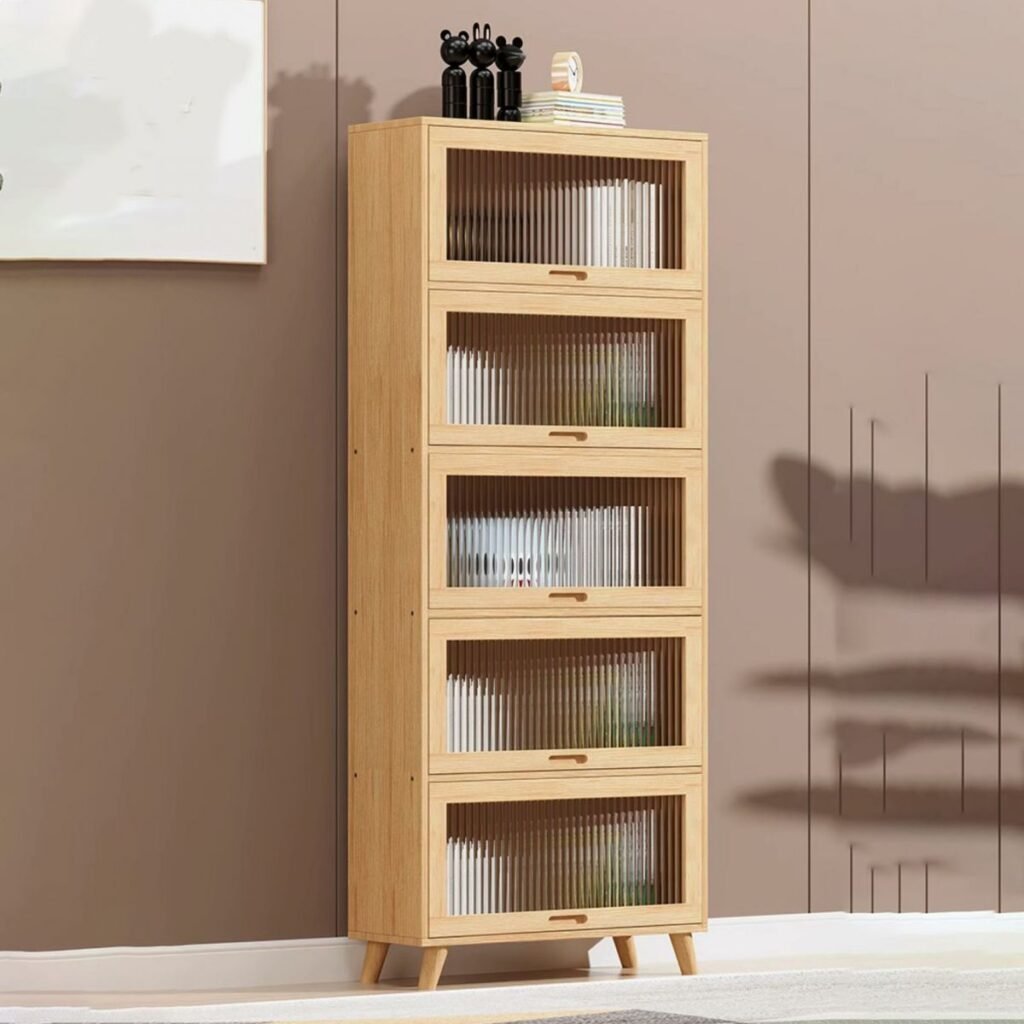 1200x12002 351 Apexerahomelife Natural Wood Fluted Glass Bookcase JX-BC-032 with Dust-Proof Flip Doors