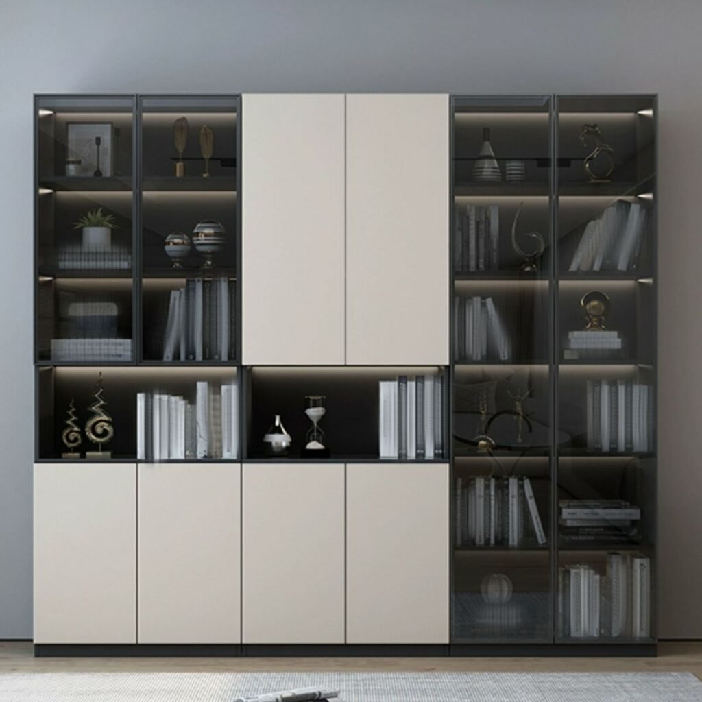 1200x12002 366 Executive Charcoal Vitrine – Grand 79-Inch Dark Grey Bookcase with Integrated LED Lighting and Reliable Storage Cabinets