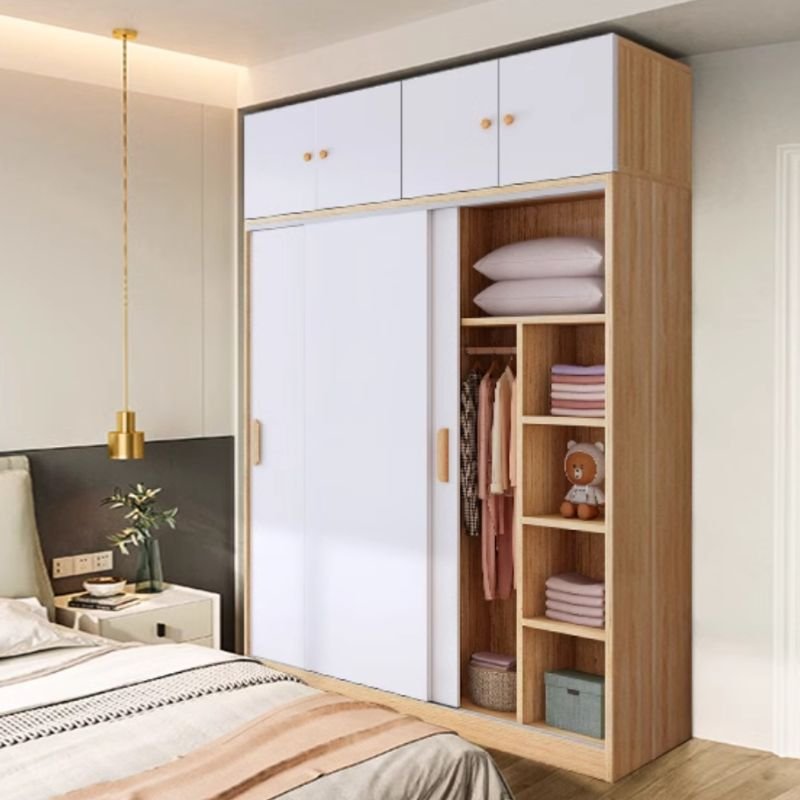 Simplistic Timber Wardrobe with Interior Shelves, Clothing Rod, and Slipping Mechanism