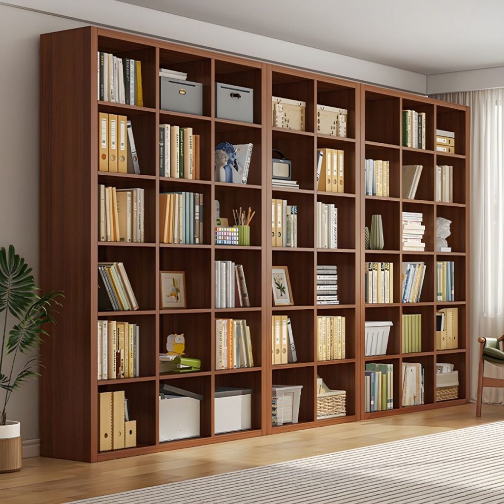 A front-facing shot of the Symmetry Open Bookshelf in a warm walnut-style finish, highlighting its clean lines and unobstructed vertical storage tiers.