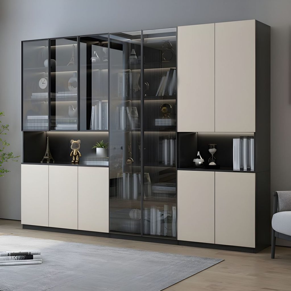 A front-facing shot of the Modern Tall Storage Hub in dark grey, featuring glass doors on top with glowing LED shelves and solid wood doors at the base.