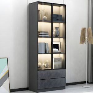 Wooden Bookcase Modern With Glass 2/6 Doors Living Room Library 2 Drawers Storage Cabinet Book Shelvese With Lights Bookshelf