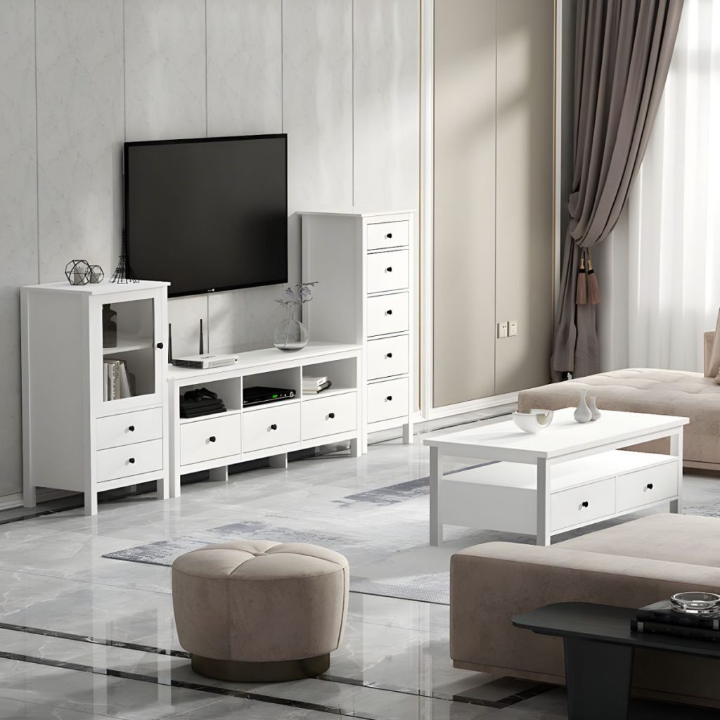 Apexerahomelife Matte White Modern TV Stand shown in a luxury living room set with matching side cabinets, featuring a non-reflective white finish, 240cm length, and healthy E0-grade wood structure.
