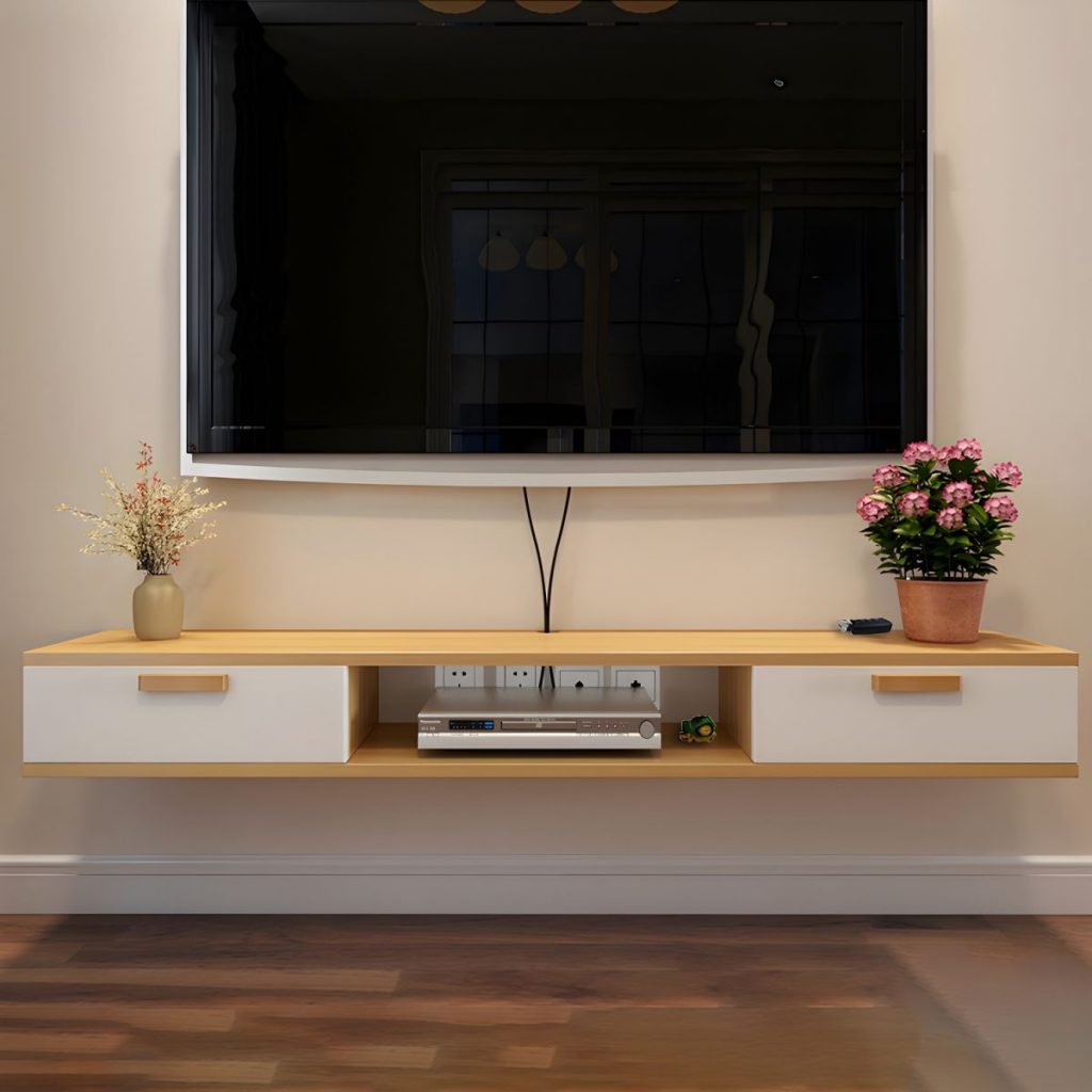 Apexerahomelife Modern Oak White Floating Console in 100cm length, featuring a natural oak wood grain and white finish, central open shelf for cables, 2 flap doors with buffer hinges, and E0-grade wood texture.