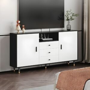 Wood TV Stand with Shelf, 2 Cabinets, 2 Shelves and Cable Management, Exposed Storage Included/Not Included