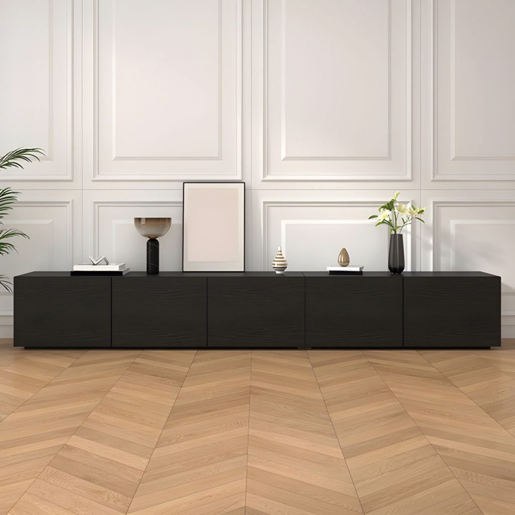 Apexerahomelife Sophisticated Black Wood TV Stand in a deep black wood grain finish, featuring an 86.5-inch seamless design and 4 hidden handle drawers with soft-close buffer technology.