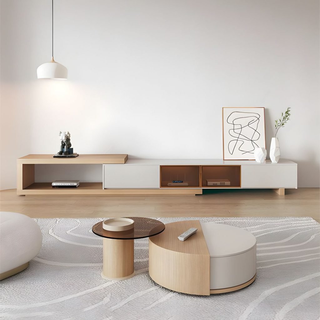 Apexerahomelife Extendable-Glass-TV-Stand in cream and oak finish, showcasing 3C tempered glass doors, LED lighting, and soft-close storage drawers in a modern minimalist living room.