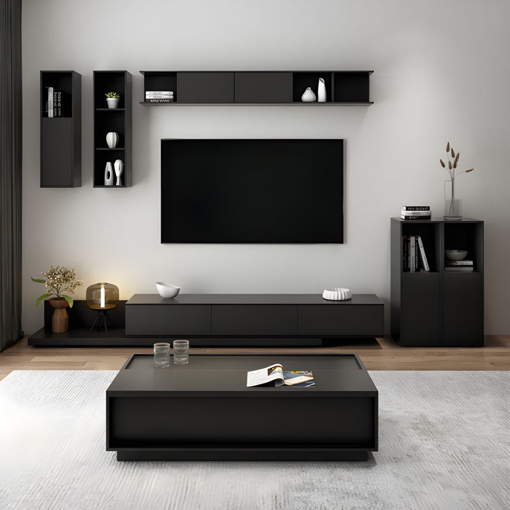 Apexerahomelife Black Wood Grain Extendable Stand in maximum 82.5-inch extension, showcasing the deep-textured dark ash wood finish, 3 hidden handle drawers, and a sleek low-profile E0 timber silhouette.