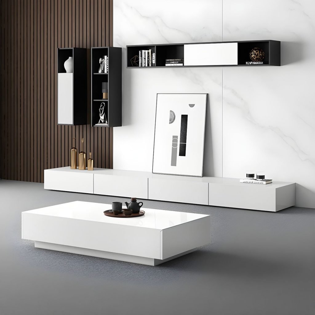 Apexerahomelife Refined Minimalist White TV Console in 79-inch length, pure white floor-standing design with 3 hidden handle drawers and premium E0-grade eco-friendly wood texture.