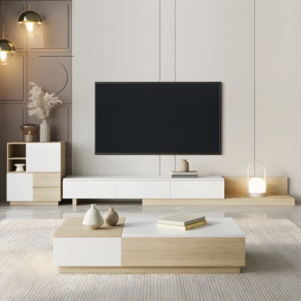 Apexerahomelife Chic Wide Extendable TV Stand in a tricolor black wood and white finish, showing its maximum 138-inch extension with 3 hidden handle drawers and a sleek architectural silhouette.