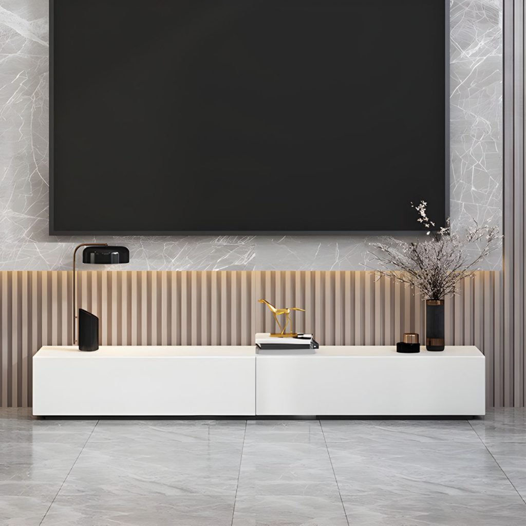 Elevate your home with the Chic White Floor TV Stand. Featuring E0 eco-wood and a Compact 2 Drawer Console design, this Modern 47 inch TV Cabinet ensures a Seamless Handleless Media Unit experience.