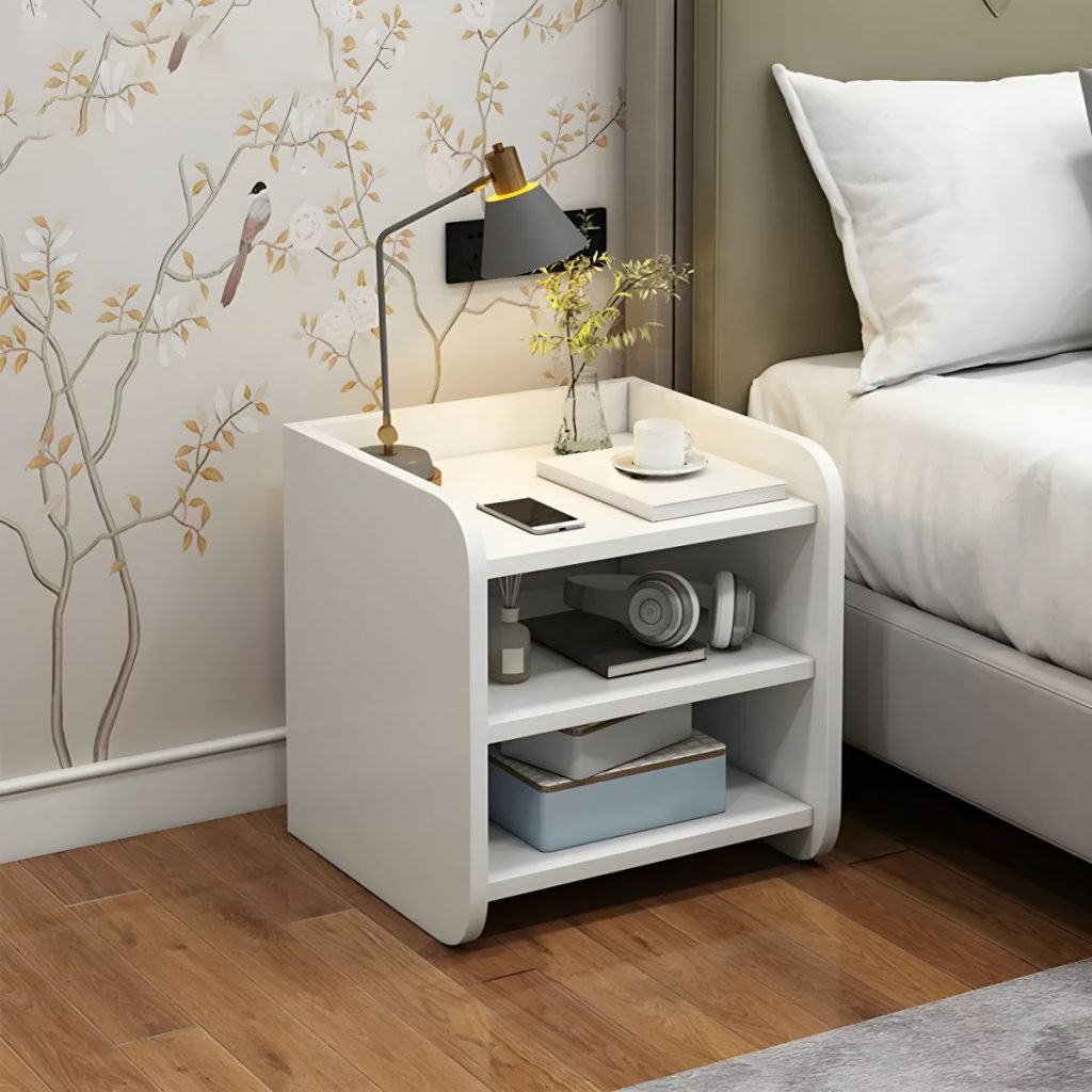 Sleek Modern Nightstand with curved edges and grey wood finish.